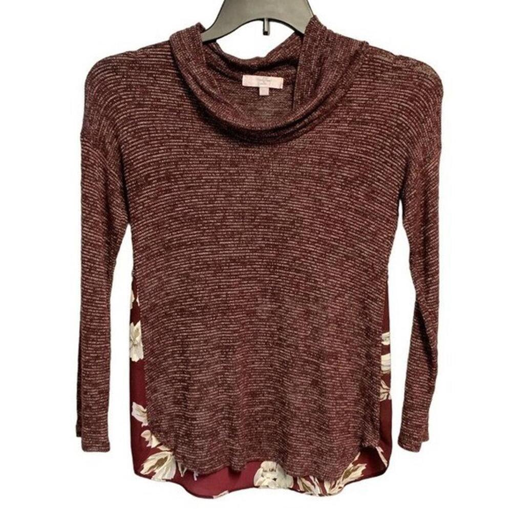 Moa Moa Girls Maroon Cowlneck‎ Long Sleeve Hi Lo Floral Back Pullover Sweater XL